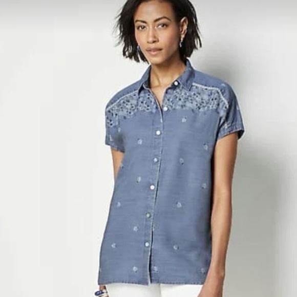 J Jill 100%lyocell Button Down Denim Boho Western Coastal shirt Sz LP - Picture 1 of 8